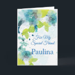 Floral Print Custom Name Birthday Card Friend Card Kaart<br><div class="desc">Stel je voor dat deze nieuwe, blote waterverf-geprinte verjaardagskaart wordt geopend door je speciale vriend met haar eigen naam erop. Hues of Blues & Greens op een scherpe Witte achtergrond. De groet werd binnen gedrukt die ontvanger een gelukkige verjaardag wensen. Pas verder aan en verander de steekproefnaam in wat u...</div>