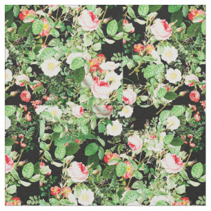Floral Print Roos roze & White Flowers op zwart Stof