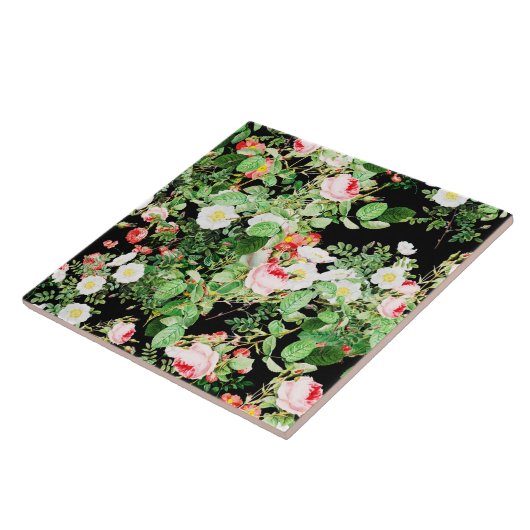 Floral Print Roos roze & White Flowers op zwart Tegeltje (Zijkant)
