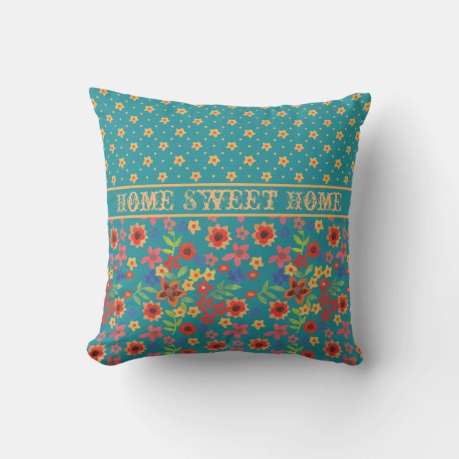 Floral-Prints retro op Blauwgroen met Home Sweet H Kussen (Voorkant)