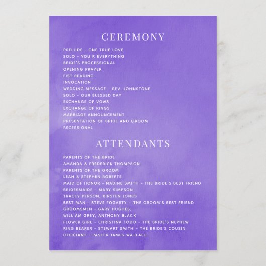 Floral-programma voor ultra Violet Wedding Waterve Programmakaart (Achterkant)