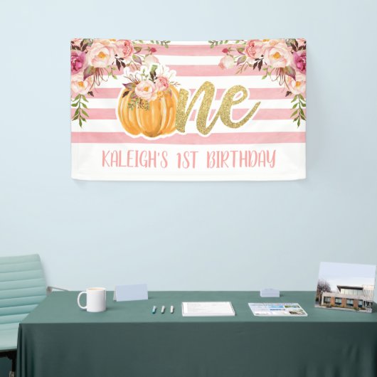 Floral Pumpkin 1st Birthday Banner - Roze Stripes (Beurs)