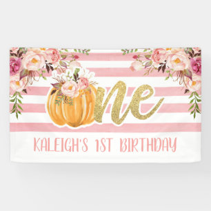 Floral Pumpkin 1st Birthday Banner - Roze Stripes