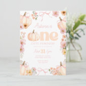 Floral pumpkin 1st Birthday Orange Pink Bow Kaart (Staand voorkant)