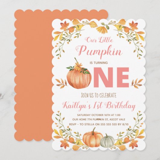 Floral Pumpkin 1st Birthday Party Invitation Kaart (Voorkant / Achterkant)