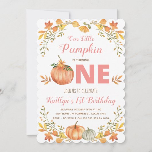 Floral Pumpkin 1st Birthday Party Invitation Kaart (Voorkant)