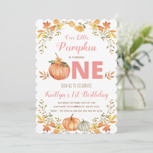 Floral Pumpkin 1st Birthday Party Invitation Kaart (Staand voorkant)