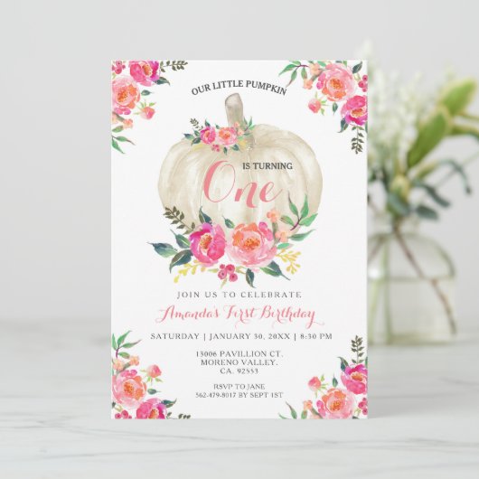Floral Pumpkin 1st Birthday Uitnodiging (Staand voorkant)