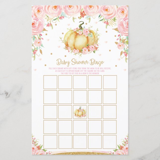 Floral Pumpkin Baby shower Bingo Game Activity (Voorkant)