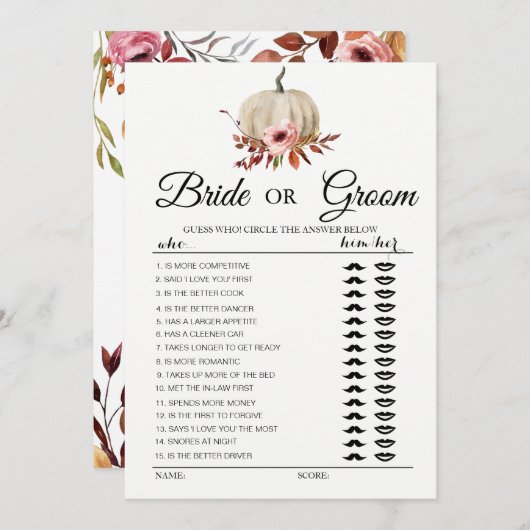 Floral pumpkin Bride of Groom game Kaart (Voorkant / Achterkant)