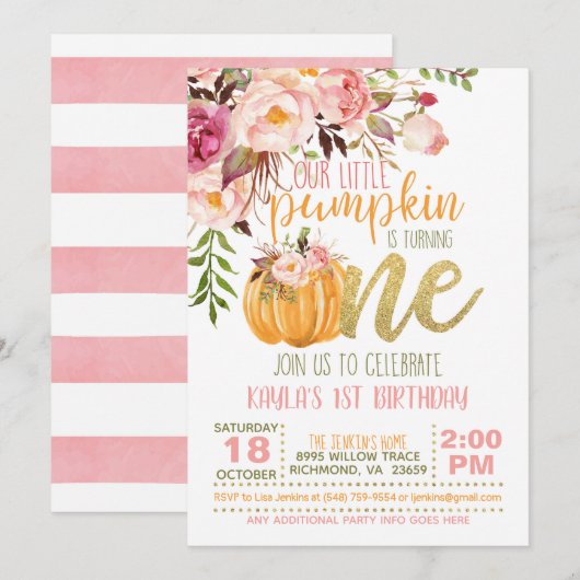 Floral Pumpkin First Birthday Invitation - Girl Kaart (Voorkant / Achterkant)