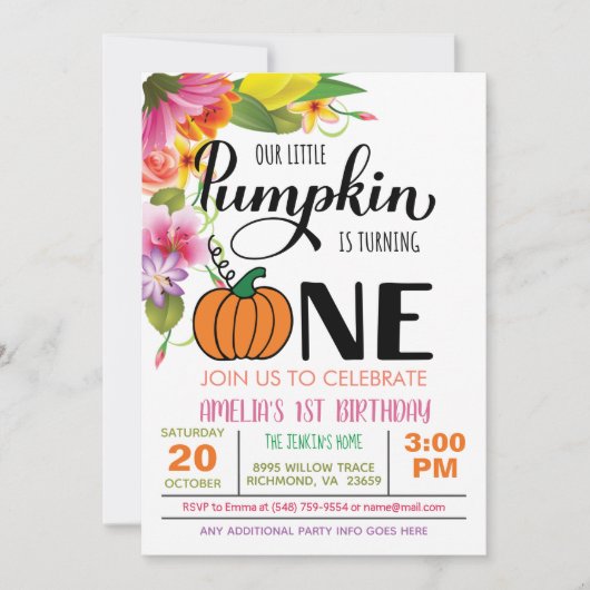 Floral Pumpkin First Birthday Invitation - Girl Kaart (Voorkant)