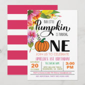 Floral Pumpkin First Birthday Invitation - Girl Kaart (Voorkant / Achterkant)