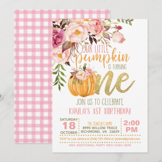 Floral Pumpkin First Birthday Invitation - Girl Kaart (Voorkant / Achterkant)