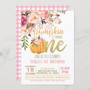 Floral Pumpkin First Birthday Invitation - Girl Kaart