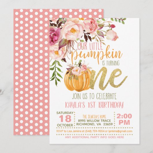Floral Pumpkin First Birthday Invitation - Girl Kaart (Voorkant / Achterkant)