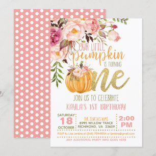 Floral Pumpkin First Birthday Invitation - Girl Kaart