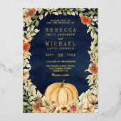 Floral Pumpkin Foto Collage Navy Wedding Gold Folie Uitnodiging (Voorkant)