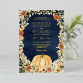 Floral Pumpkin Foto Collage Navy Wedding Gold Folie Uitnodiging (Staand Voorkant)