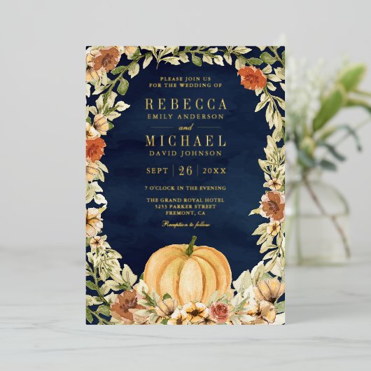 Floral Pumpkin Foto Collage Navy Wedding Gold Folie Uitnodiging (Staand Voorkant)