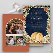 Floral Pumpkin Foto Collage Navy Wedding Gold Folie Uitnodiging