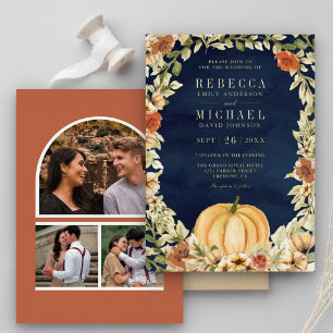 Floral Pumpkin Foto Collage Navy Wedding Gold Folie Uitnodiging