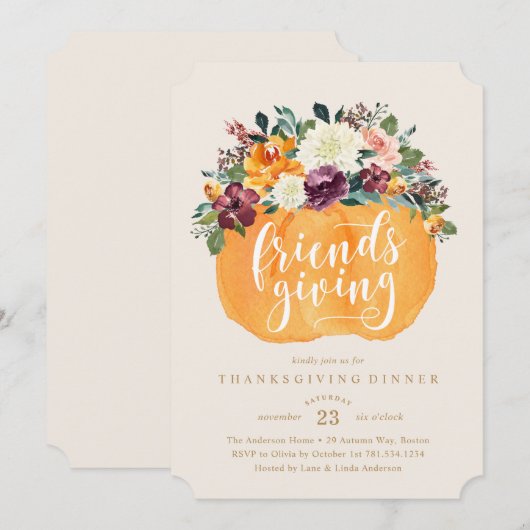 Floral Pumpkin Friends Giving Dinner Invitation Kaart (Voorkant / Achterkant)