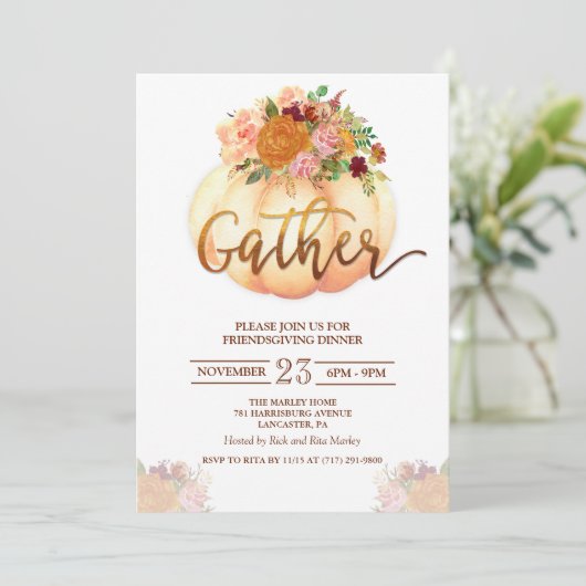 Floral Pumpkin Friendsgiving diner uitnodiging (Staand voorkant)