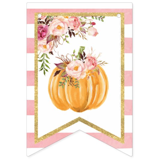 Floral Pumpkin Happy Birthday-banner - Roze streep Vlaggetjes (Eerste vlag)