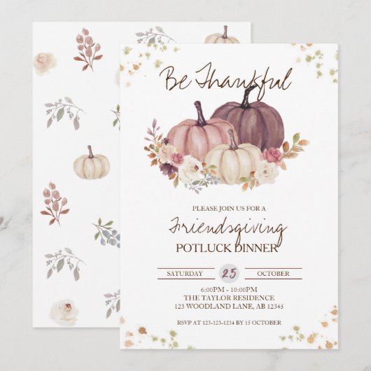 Floral Pumpkin Herfst Friendsgiving Potluck Kaart (Voorkant / Achterkant)