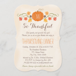 Floral Pumpkin Monogrammed Thanksgiving Dinner Kaart