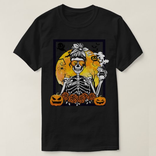 Floral Pumpkin Skeleton Messy Bun Drink vrouwen T-shirt (Design voorkant)