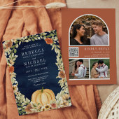 Floral Pumpkin Terracotta QR Code Navy Weddenschap Kaart