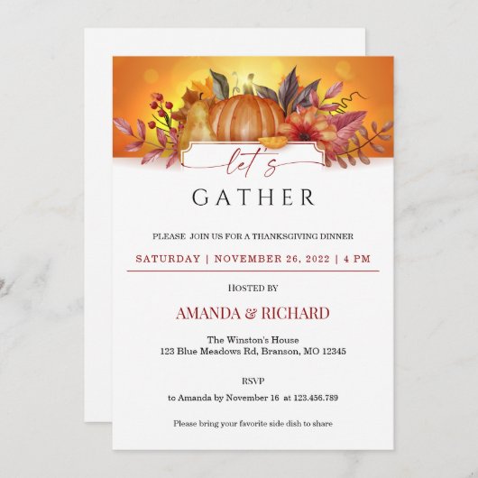 Floral Pumpkin Thanksgiving Innodiging Kaart (Voorkant / Achterkant)