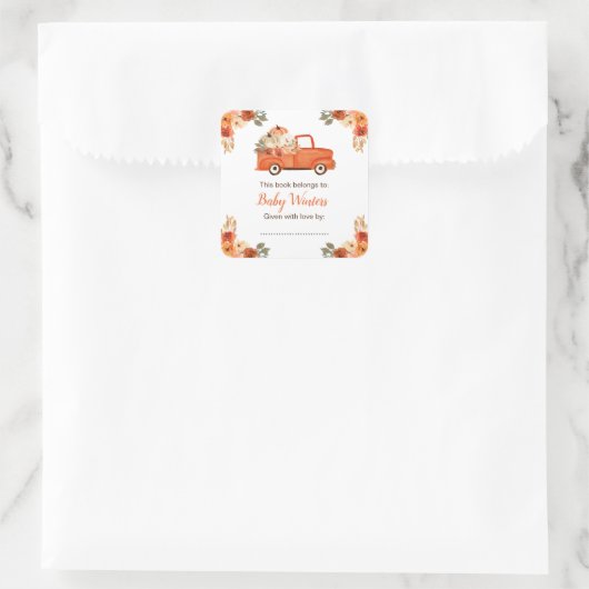 Floral Pumpkin Truck Baby shower Vierkante Sticker (Tas)