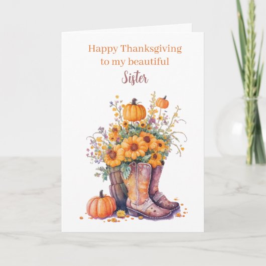 Floral Pumpkins Cowboy Boots Thanksgiving Sister Kaart (Voorkant)