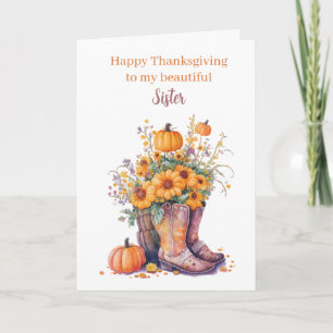 Floral Pumpkins Cowboy Boots Thanksgiving Sister Kaart