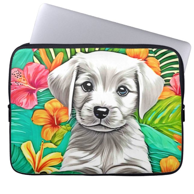 Floral Puppy Art Laptop Sleeve (Voorkant)