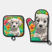 Floral Puppy Art Ovenwant & Pannenlap Set (Voorkant)
