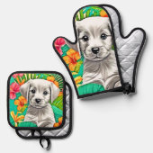 Floral Puppy Art Ovenwant & Pannenlap Set (Voorkant / Achterkant)