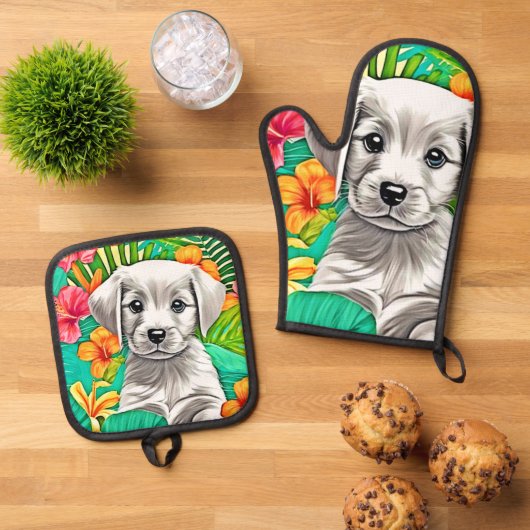Floral Puppy Art Ovenwant & Pannenlap Set (Top down)