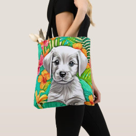 Floral Puppy Art Tote Bag