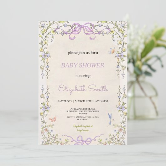 Floral purple babyshower party invitation kaart (Staand voorkant)