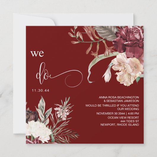 *~* Floral QR Bouquet AR15 RSVP BURGANDY WEDDING Kaart (Voorkant)