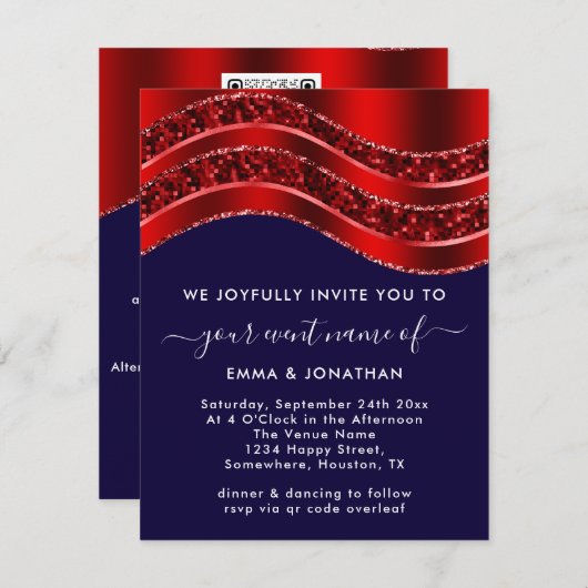 Floral QR-code Glitter Burgundy Red Blue Navy (Voorkant / Achterkant)