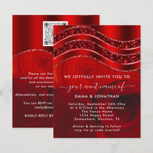 Floral QR-code Glitter Burgundy Red Roses (Voorkant / Achterkant)
