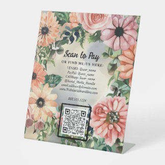 Floral QR code Scan To Pay Pop-Up Market Vendor Reclamebord Met Voetstuk