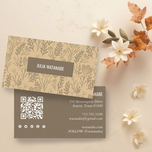 Floral QR Code Social Media Iconen Neutrals Chic Visitekaartje