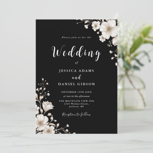 Floral QR Code Weddenschap zwart-wit Greenery Kaart (Staand voorkant)