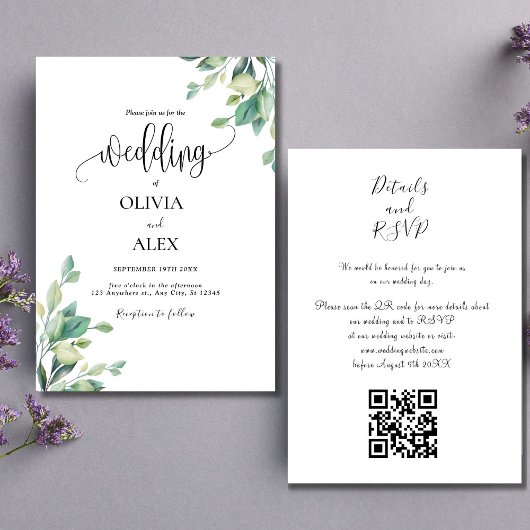 Floral QR Code Weddenschap zwart-wit Greenery Kaart